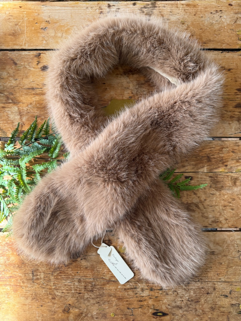 Vintage Havana Plush Faux Fur Scarf in Taupe Brown